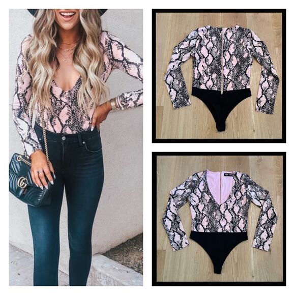 NBD X Naven Snakeskin Bodysuit in Pink & Black